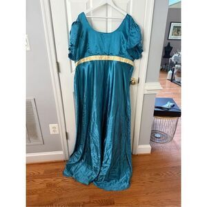 Renaissance Faire Teal Satin Tulip Sleeve Handmade Dress Gown sz 26W EUC